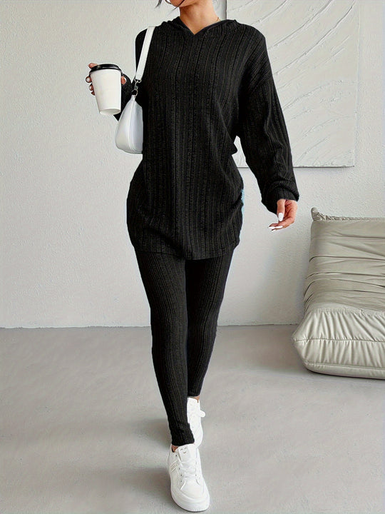 Zweiteiliges Strickset mit Kapuzenpullover und Leggings für Damen