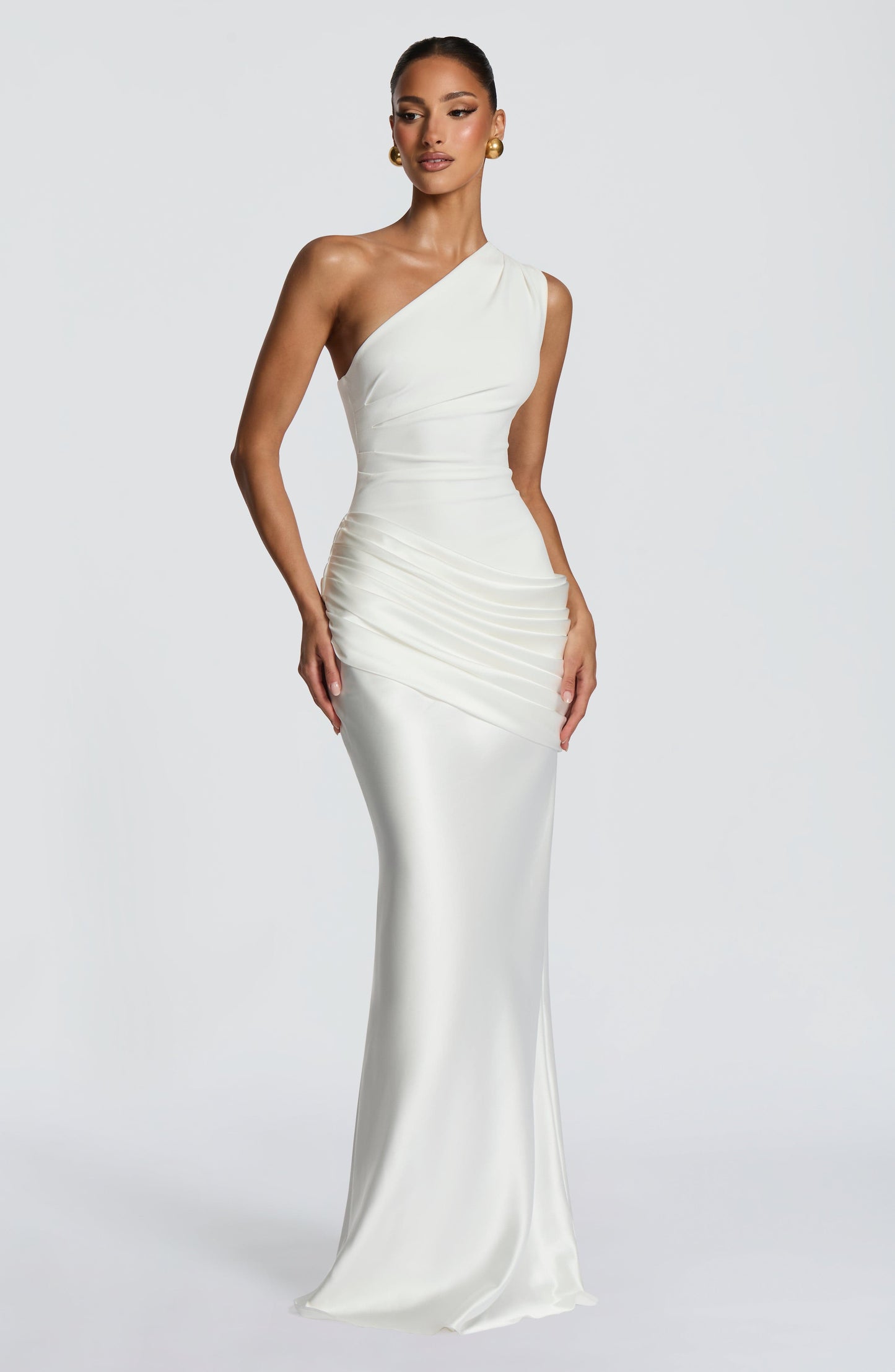 Ein-Schulter Crepe Satin Maxikleid Damen