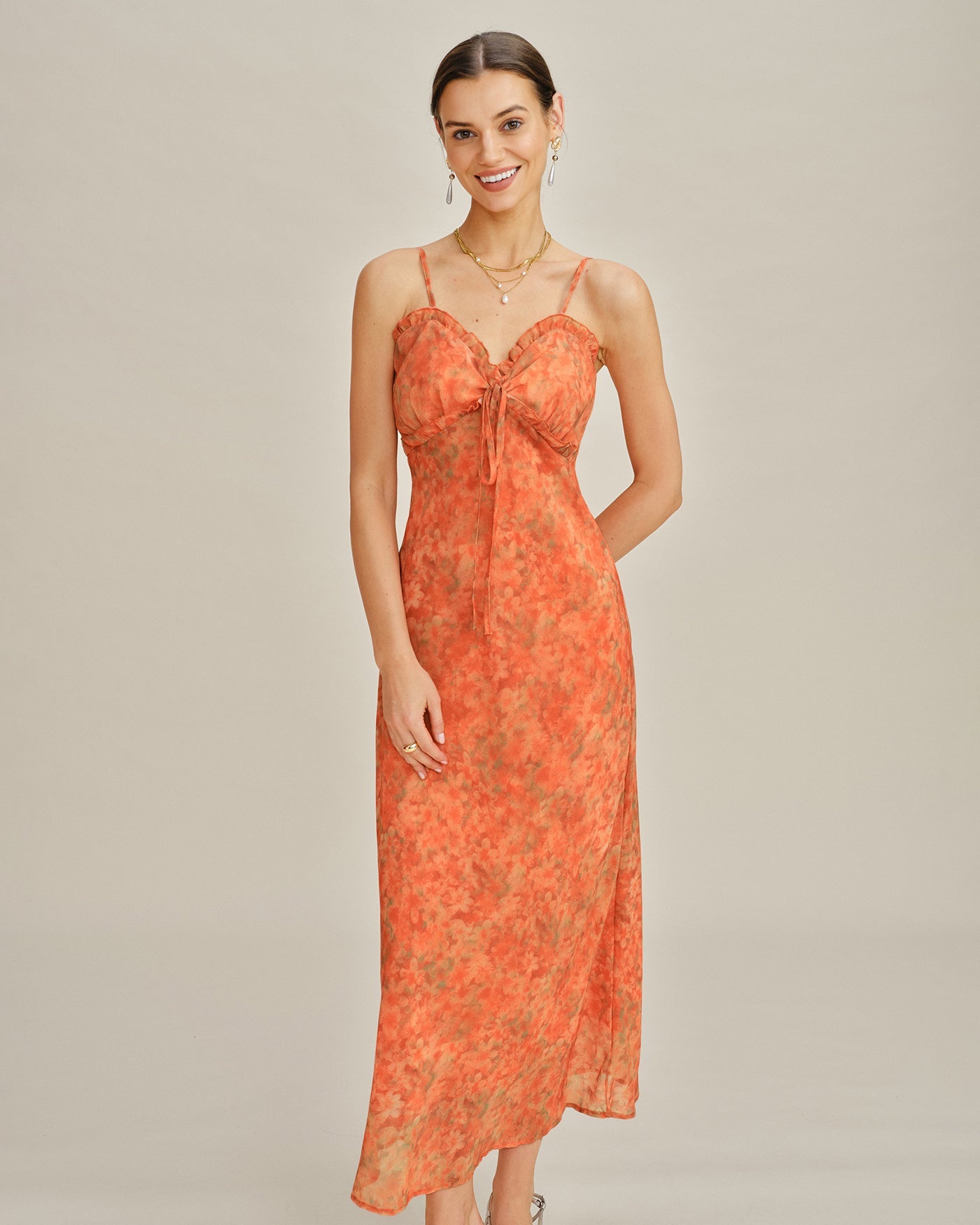 Maxikleid mit Blumendruck, Polyester, A-Linie, Orange