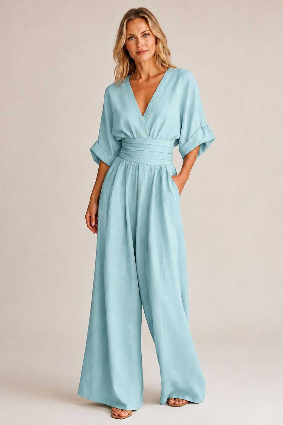 Weitbeiniger Micro-Elastischer Jumpsuit mit Dreiviertelärmeln