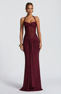 Ärmelloses gerafftes Jersey-Mesh-Maxikleid