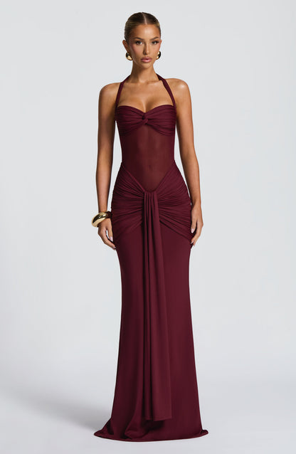 Ärmelloses gerafftes Jersey-Mesh-Maxikleid