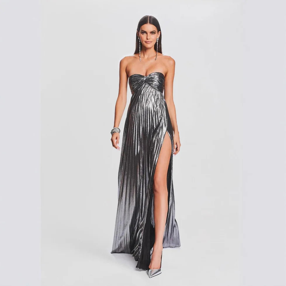 Schickes silbernes trägerloses Kleid für Hochzeit und Abendveranstaltungen