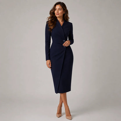 Damen Maßgeschneidertes Wickelkleid Midi Langarm Navy Burgund Schwarz