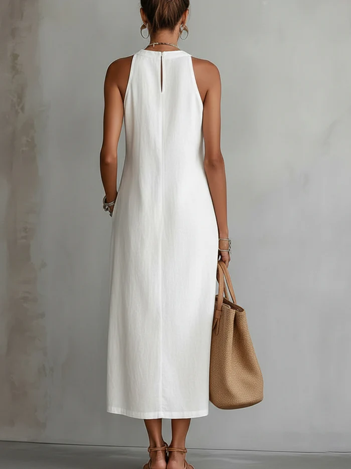 Leinen-Midikleid mit Stehkragen