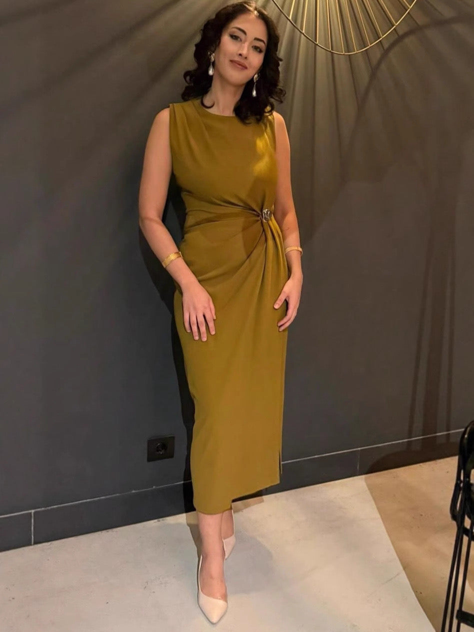 Maxikleid mit Schlitz, Poly-Mischgewebe, Olivfarben