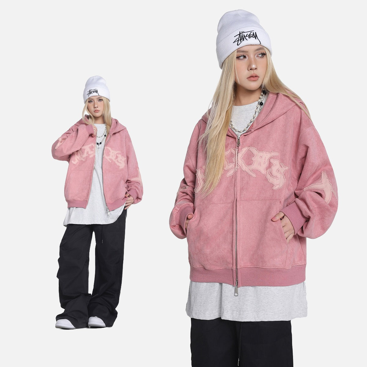 Damen Kapuzenjacke in Vintage Optik mit Reißverschluss vorne gezeigt