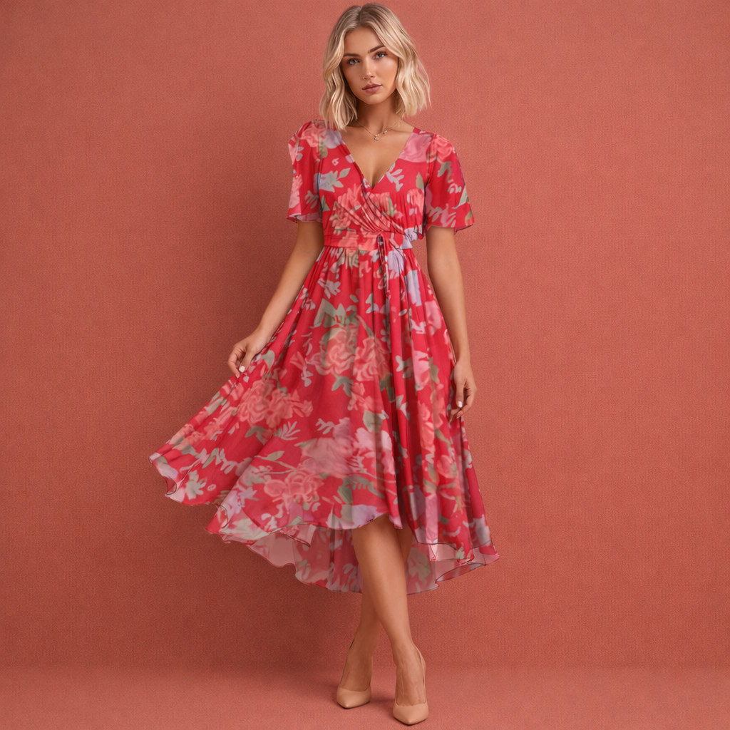 Midi-Kleid mit kurzem Ärmel und Blumenmuster für Damen