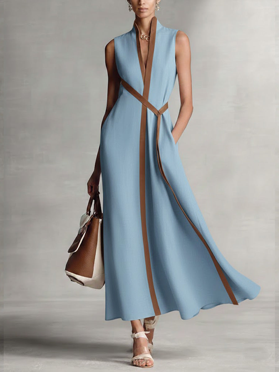 Ärmelloses Damenkleid mit Stehkragen aus Baumwoll-Leinen, Freizeitkleid