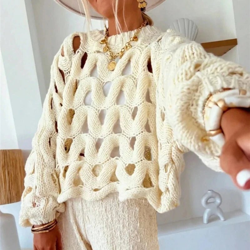 Damen Pullover mit langen Ärmeln und Häkelstrick