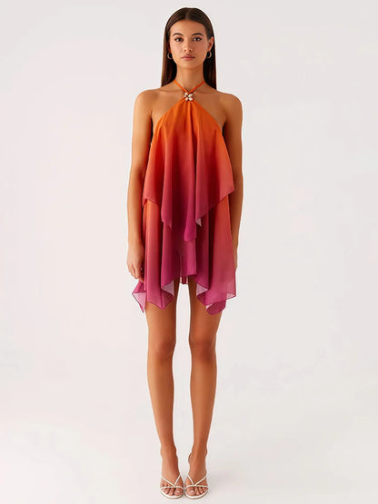Pinkes Ombré Rüschendesign Mini Kleid