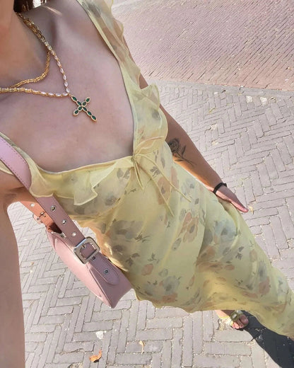 Florales Maxikleid mit tiefem V-Ausschnitt und offenem Rücken Sommerkleid
