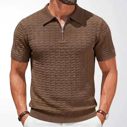 Herren Viskose Strick-Poloshirt mit Reißverschluss und geripptem Saum