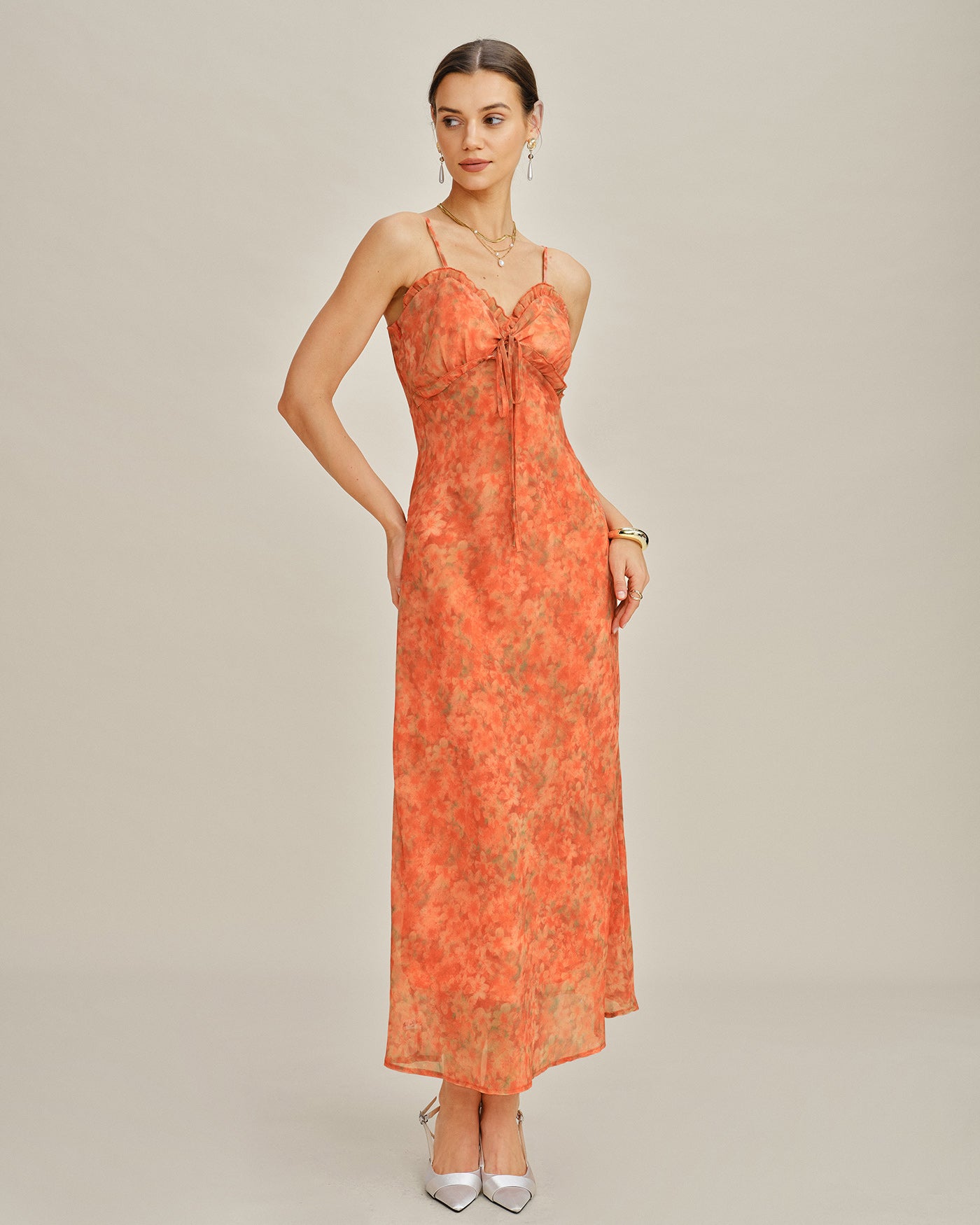 Maxikleid mit Blumendruck, Polyester, A-Linie, Orange