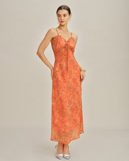Maxikleid mit Blumendruck, Polyester, A-Linie, Orange