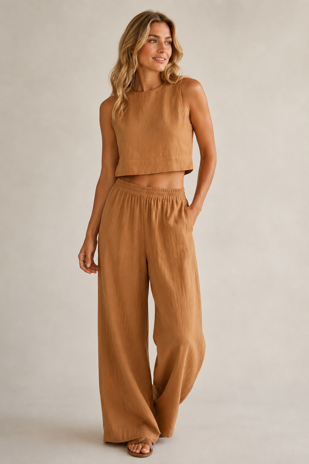 Baumwoll-Zweiteiler Ärmelloses Crop-Top Weite Hose