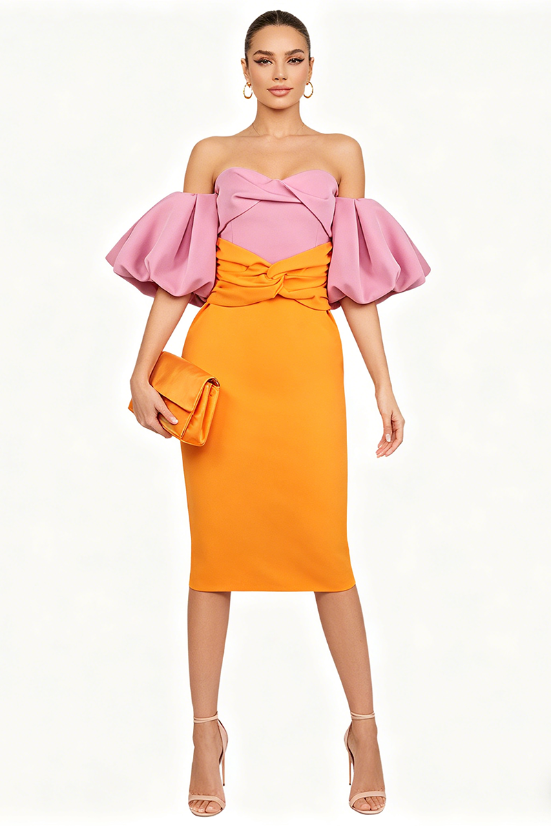Midi-Kleid mit Puffärmeln in Farbblock Pink Orange