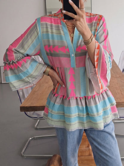 Damenbluse Mit Volantärmeln Und Print In Rosa Grau