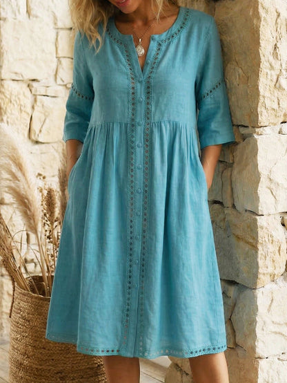 Leinen-Midikleid mit aufgesetzter Tasche und halben Ärmeln