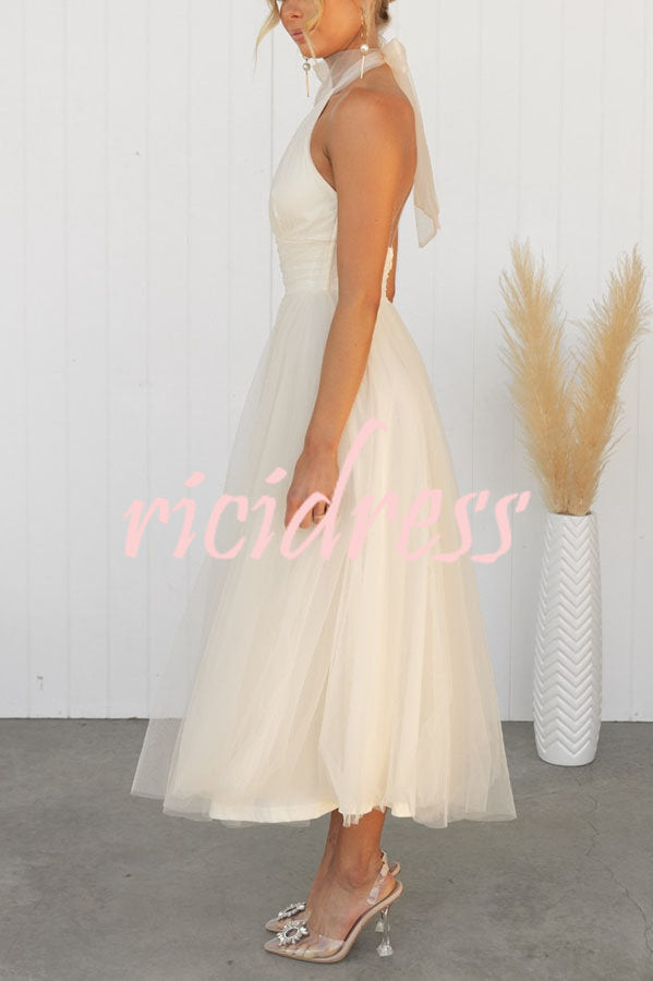 Maxikleid mit gerafftem Tüll-Halfterdetail