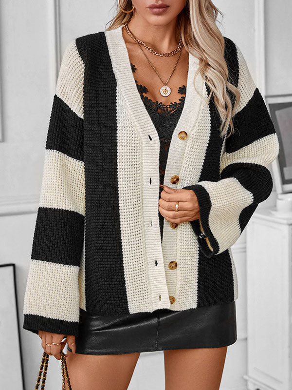 Damen Strickjacke Mit Streifenmuster Und Knopfleiste
