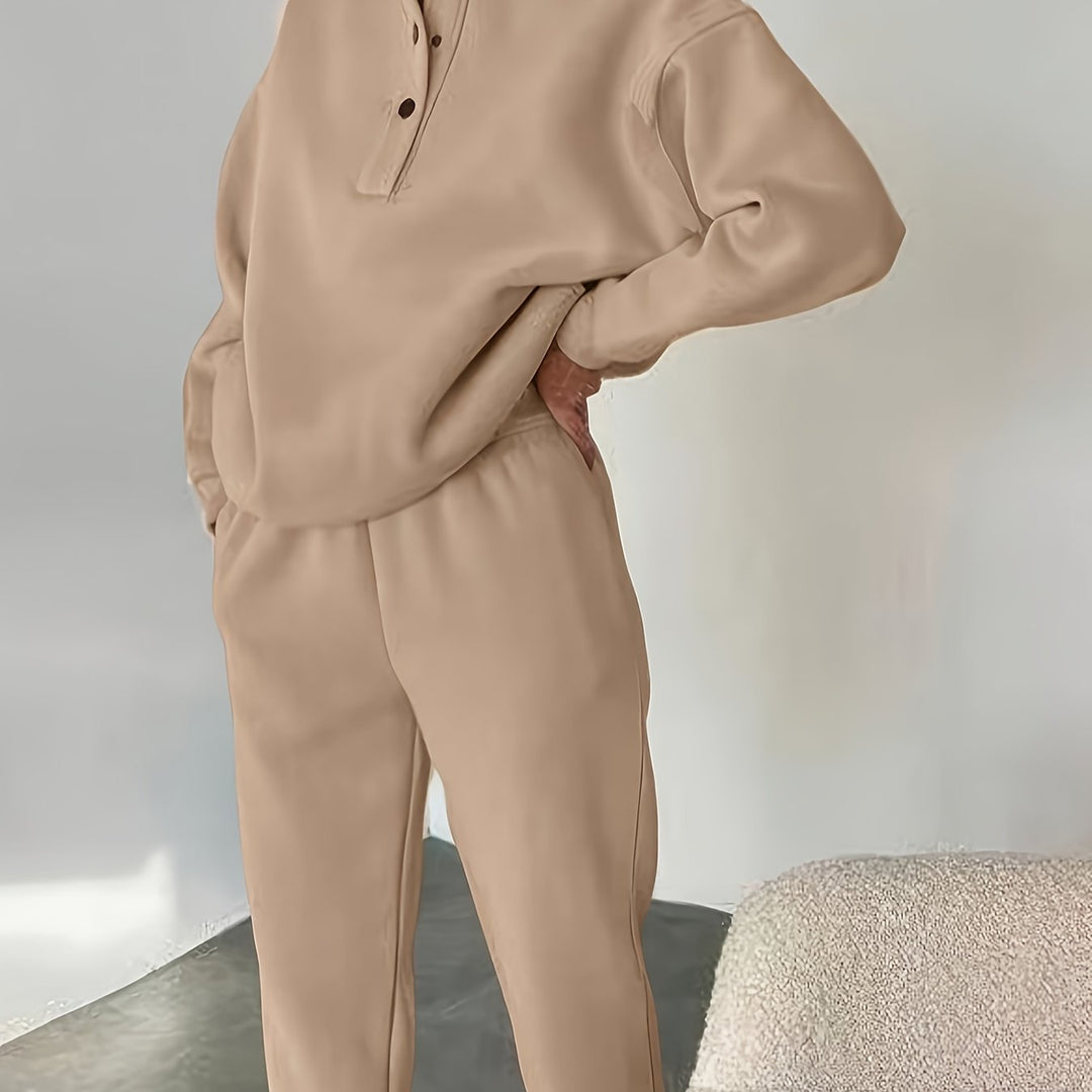 Zweiteiliges Sweatshirt-Set mit Stehkragen und Knopfleiste für Damen