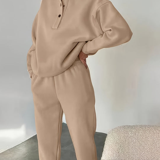 Zweiteiliges Sweatshirt-Set mit Stehkragen und Knopfleiste für Damen