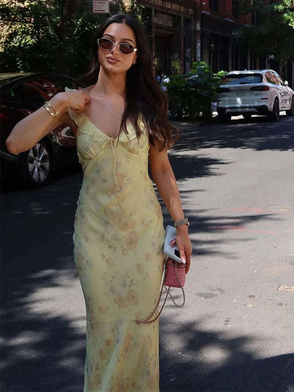 Florales Maxikleid mit tiefem V-Ausschnitt und offenem Rücken Sommerkleid