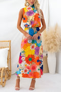 Ärmelloses Maxikleid mit Blumenmuster und Schleifenbinde am Hals