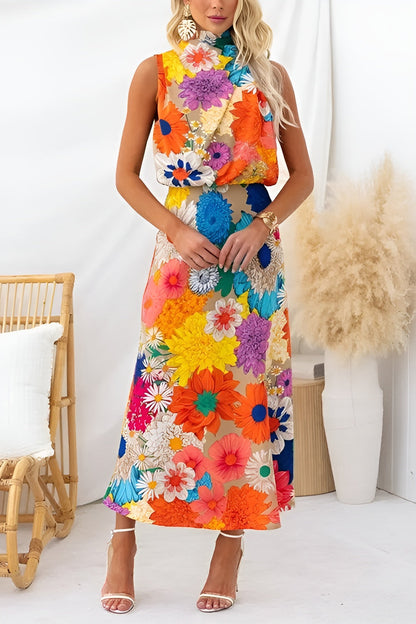 Ärmelloses Maxikleid mit Blumenmuster und Schleifenbinde am Hals