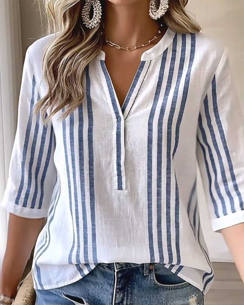 Bluse mit Stehkragen und vertikalen Streifen aus Baumwollmischung in Blau