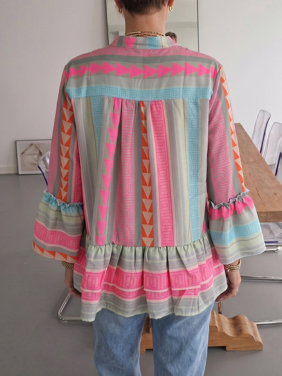 Bedruckte Damenbluse in Rosa Grau mit Volantärmeln und lockerem Fall