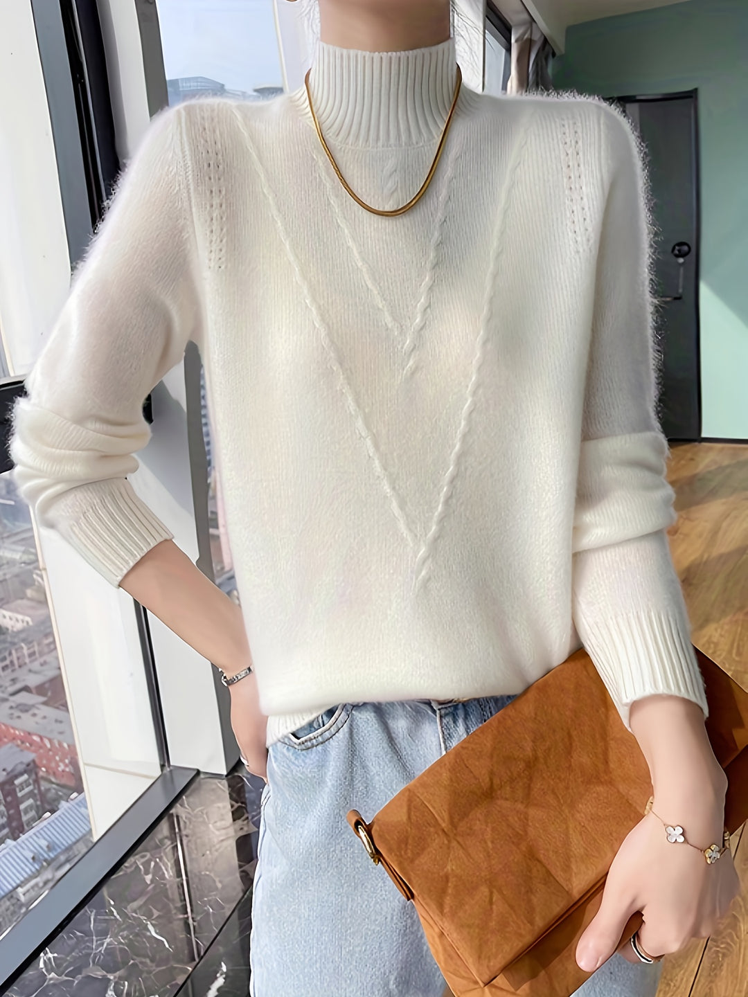 Strickpullover mit Stehkragen und Strukturmuster für Damen