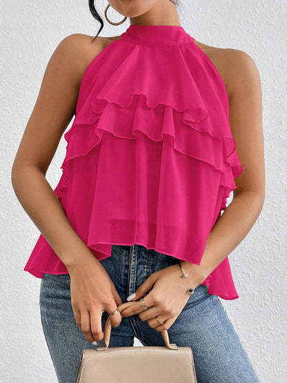 Damen Neckholder Tanktop Aus Chiffon Mit Volants