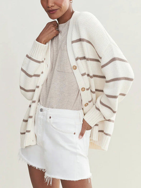 Damen Gestreifter Cardigan Mit V-Ausschnitt Und Knopfleiste