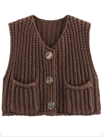 Damen Strickweste Ärmellos Mit Knöpfen Und Taschen