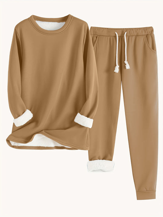 Zweiteiliges Fleece-Set mit Rundhalsausschnitt und Hose für Damen