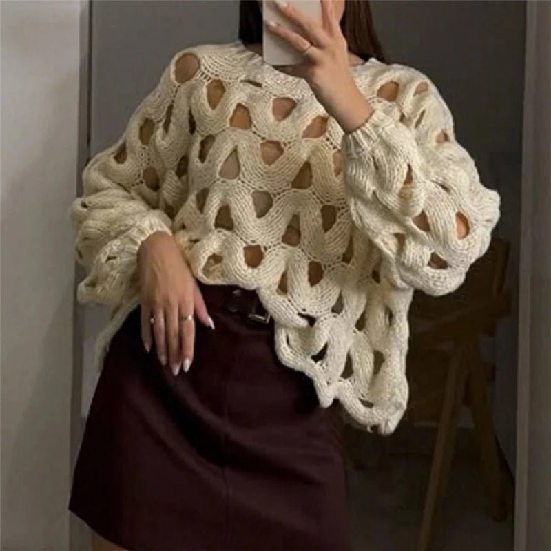 Damen Pullover mit langen Ärmeln und Häkelstrick