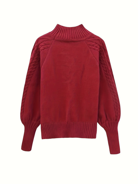 Damen Strickpullover Mit Zopfmuster Und Hohem Kragen