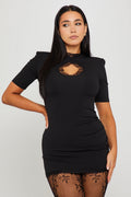 Spitzenkleid mit Cut-Out und Schlüsselloch-Ausschnitt, Figurbetont, Mini, Schwarz