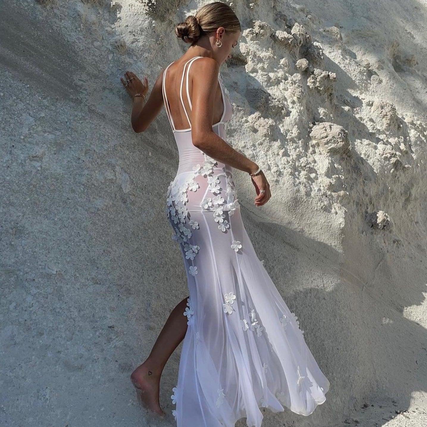 Maxikleid aus weißem Blüten-Mesh für Damen