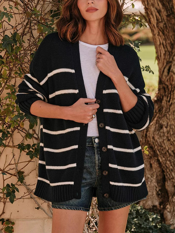 Damen Gestreifter Cardigan Mit V-Ausschnitt Und Knopfleiste