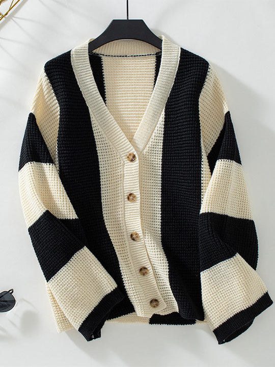 Damen Strickjacke Mit Streifenmuster Und Knopfleiste