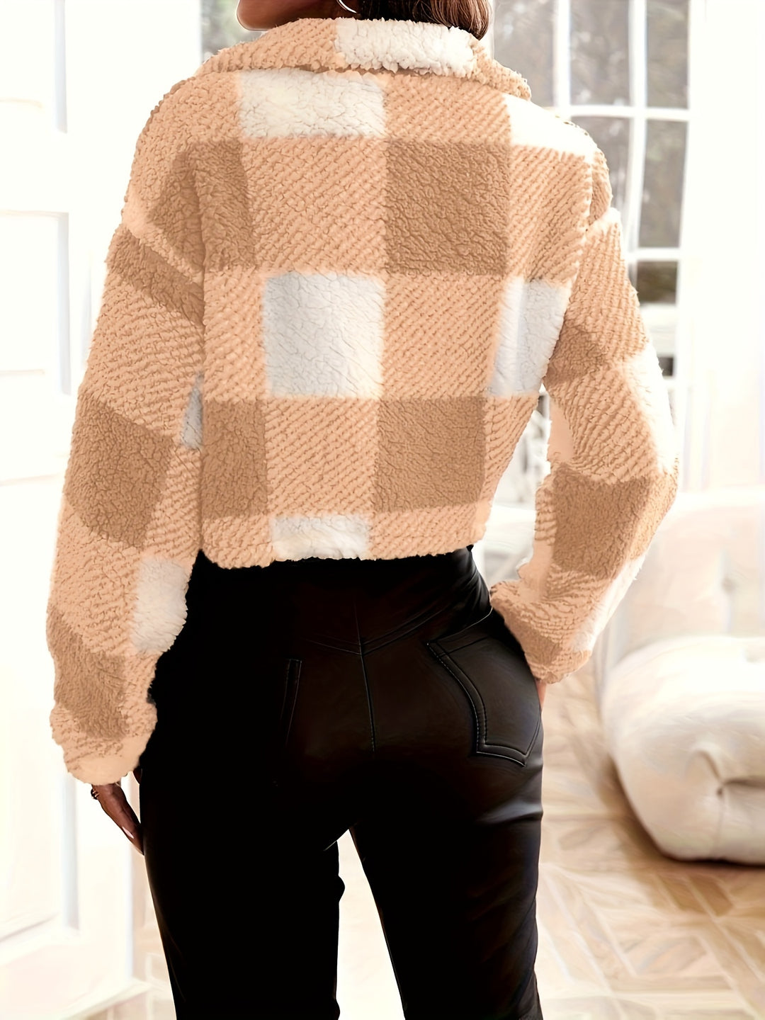 Karierte Teddyjacke mit Reißverschluss für Damen