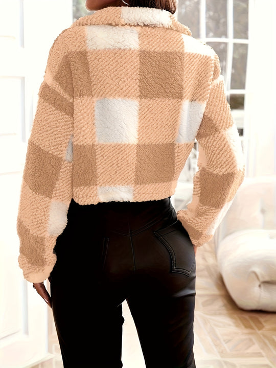 Karierte Teddyjacke mit Reißverschluss für Damen