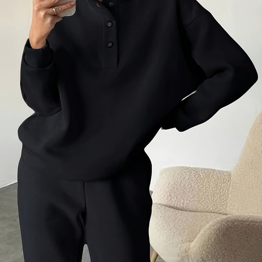 Zweiteiliges Sweatshirt-Set mit Stehkragen und Knopfleiste für Damen