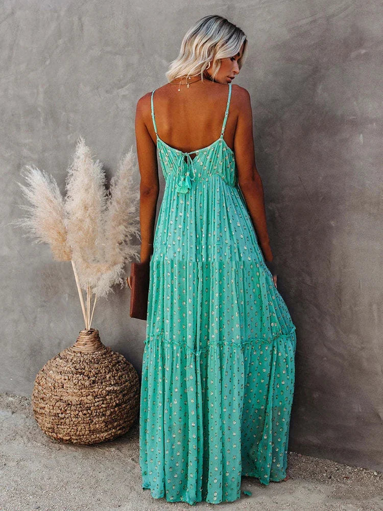 Boho-Chic Grünes Langes Sommerkleid