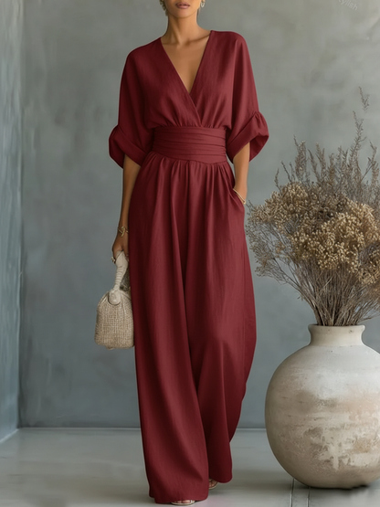 Eleganter Overall mit V-Ausschnitt, hoher Taille und lockerem Sitz für Damen