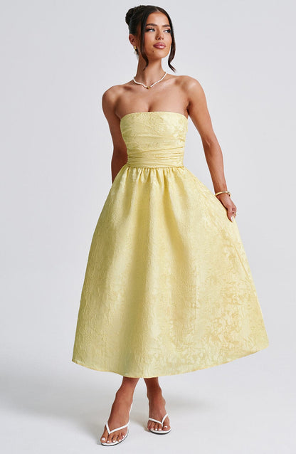 Blumiges Jacquard-Trägerloses Midikleid Zitrone