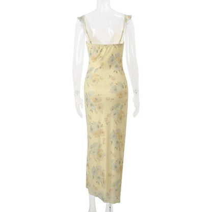 Florales Maxikleid mit tiefem V-Ausschnitt und offenem Rücken Sommerkleid